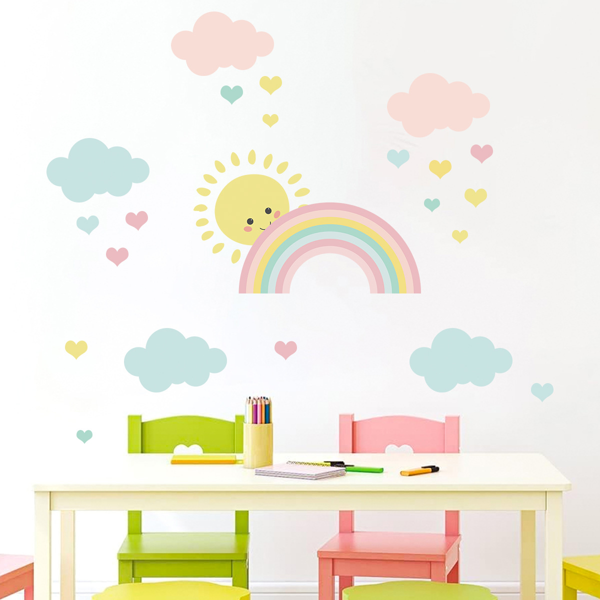 Cartoon Sun Rainbow Clouds Wal - Baby Nursery Decor Girl recension och pris