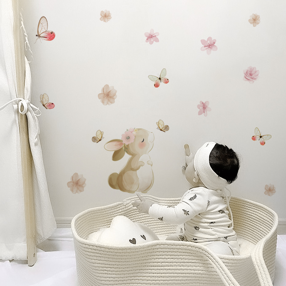 Cartoon Rabbit Flowers Butterf - Baby Nursery Decor Girl recension och pris