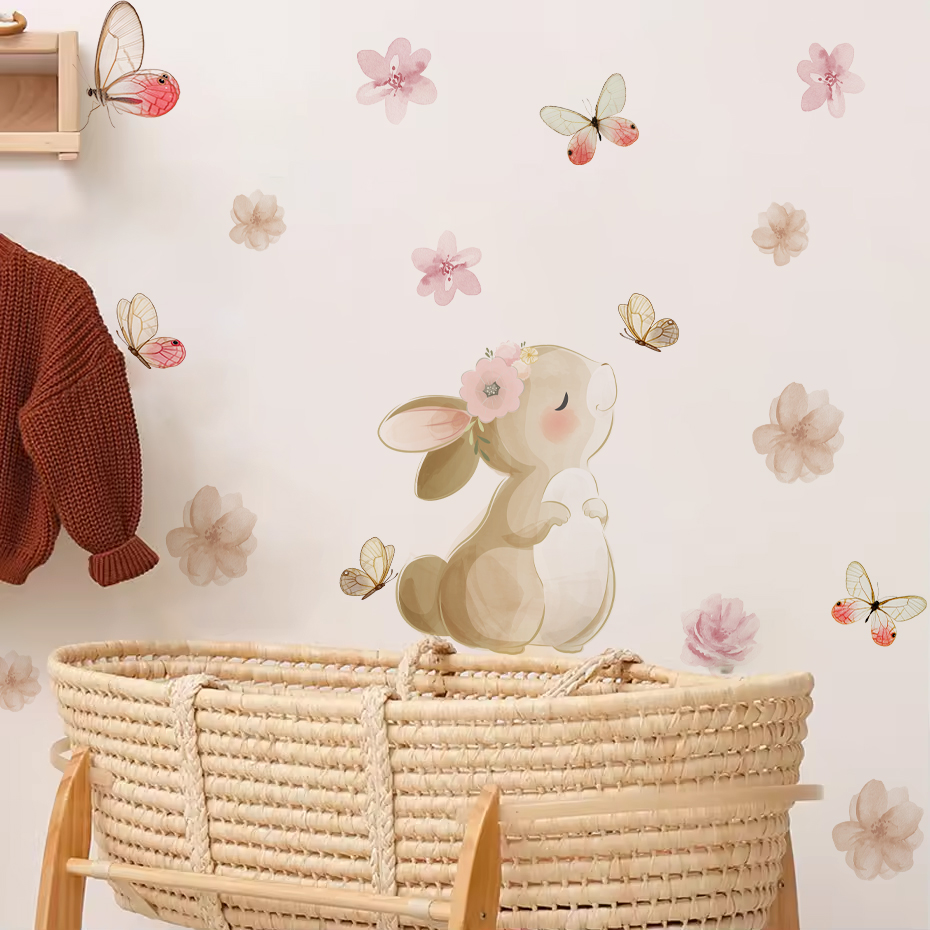 Cartoon Rabbit Flowers Butterf - Baby Nursery Decor Girl recension och pris